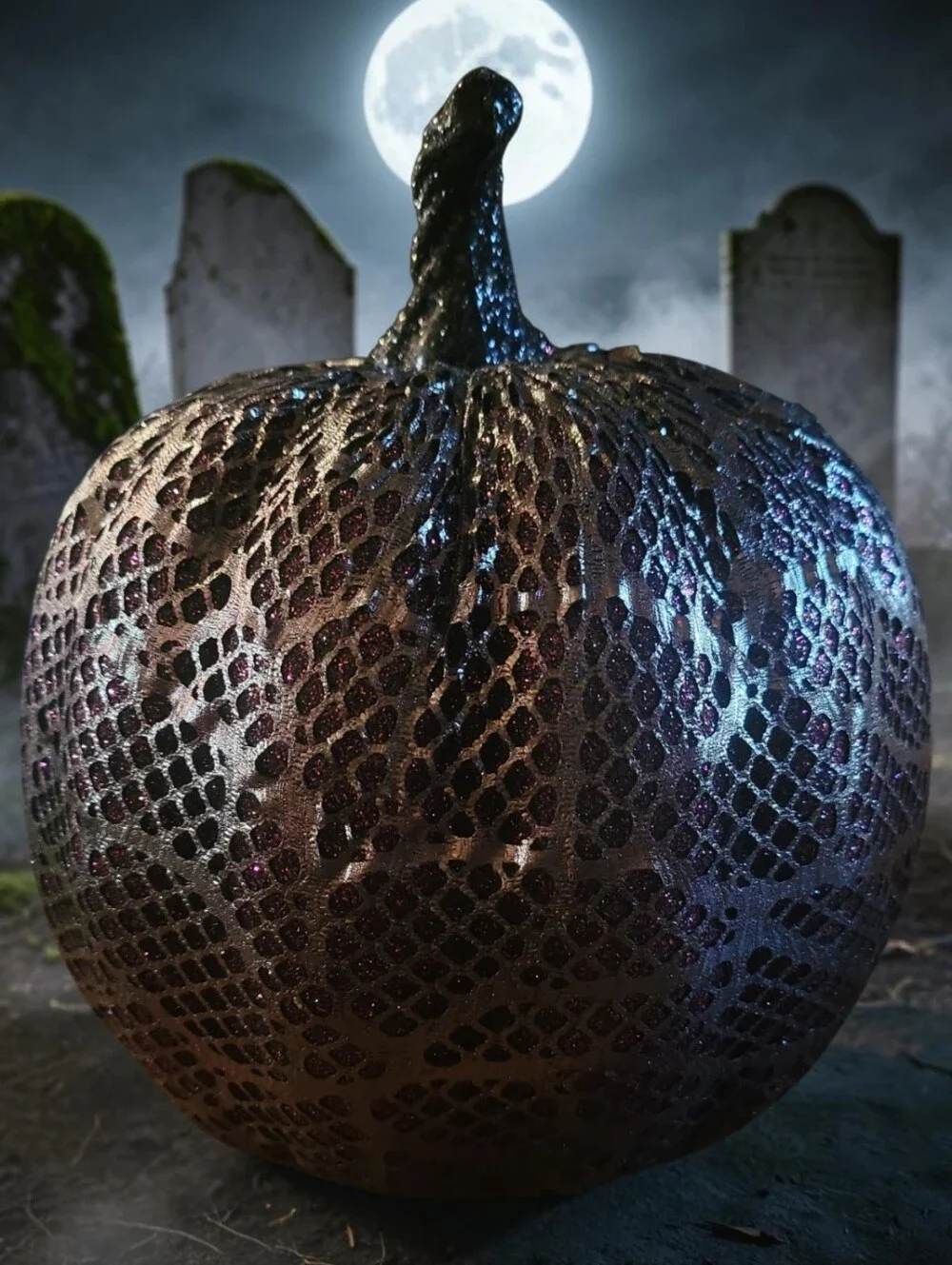 Halloween Decorative Textured Pumpkin - Metallic Black  Deep Purple Accents